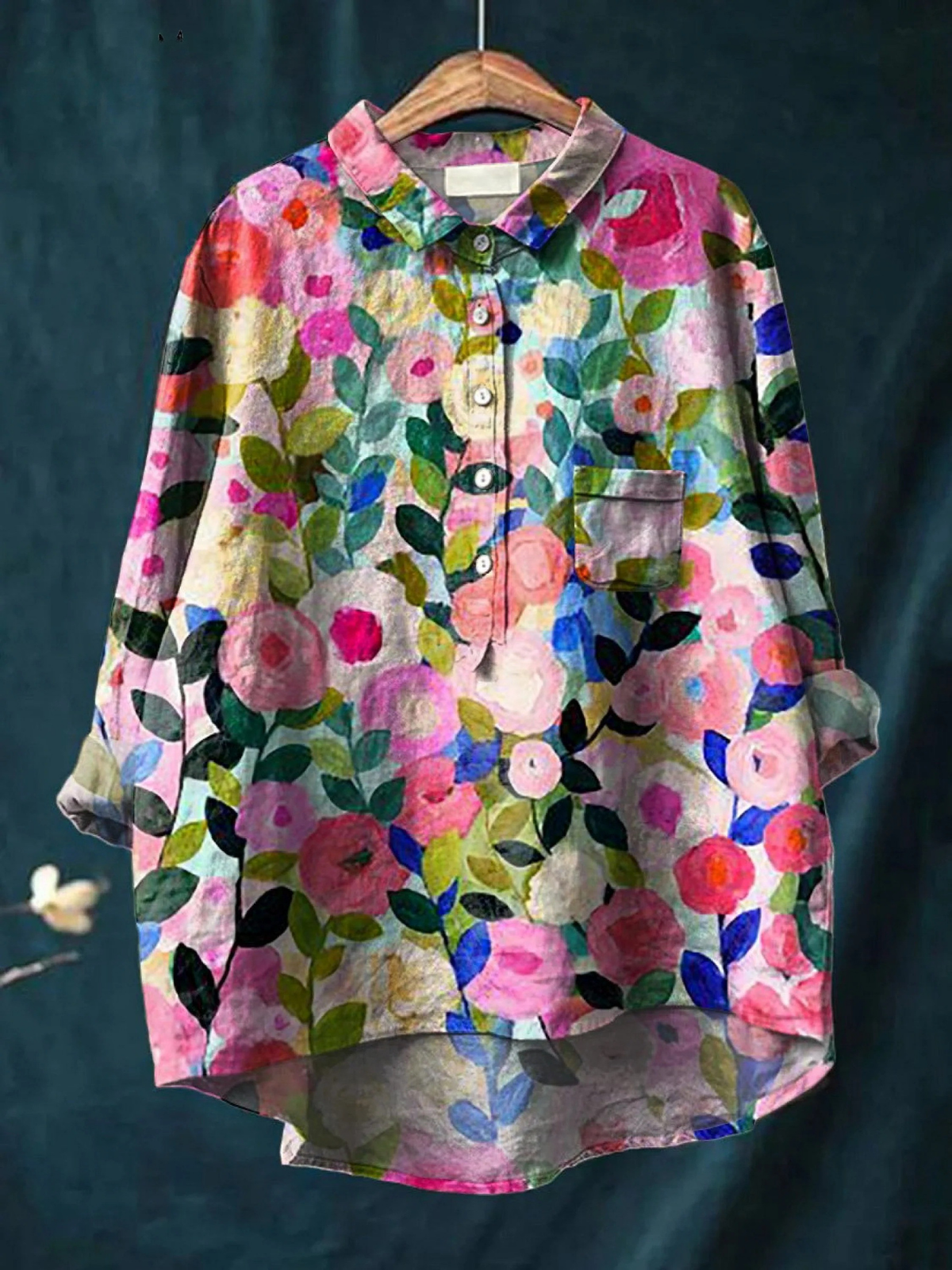 Floral Print Collared Button Front Long Sleeve Shirt