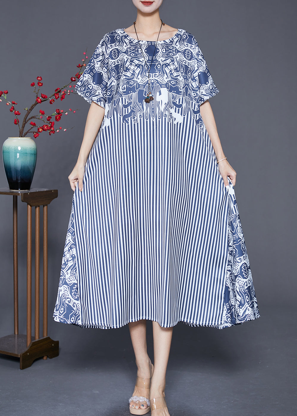 Mixed Print Folk Motif Vertical Stripe Patchwork Midi Dress - View 2