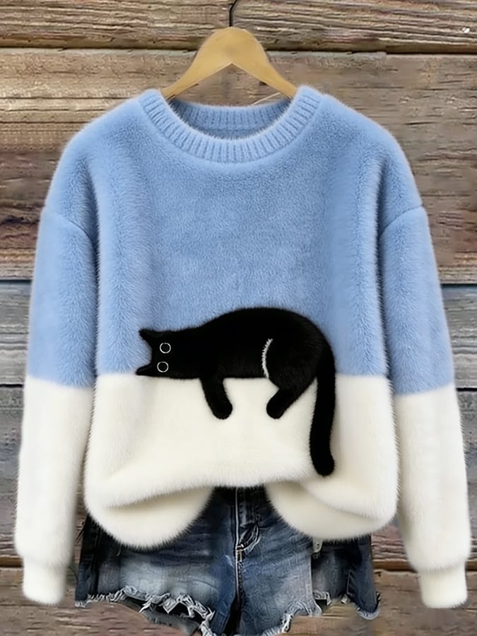 Cat Print Colorblock Crew Neck Fuzzy Sweater