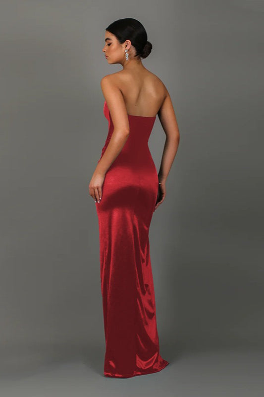 Satin Strapless Corset Twist Front High Split Maxi Gown - View 4