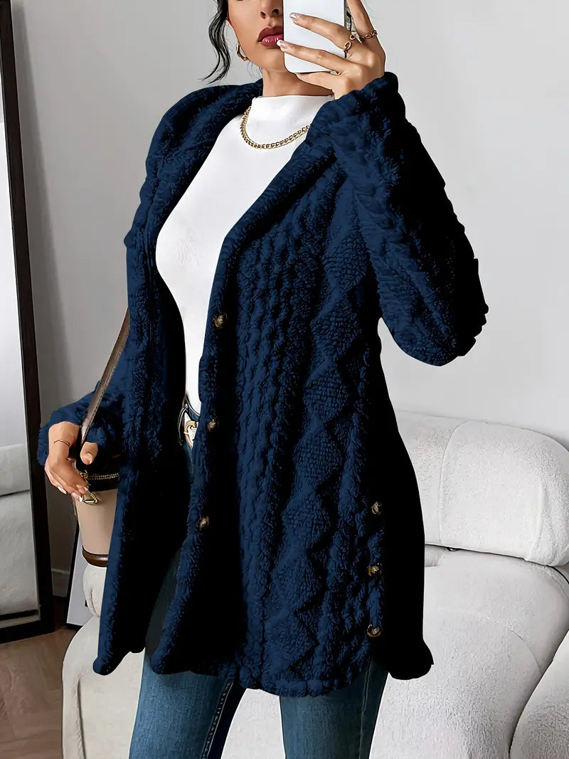 Textured Fleece Hooded Button Front Cardigan Coat 11