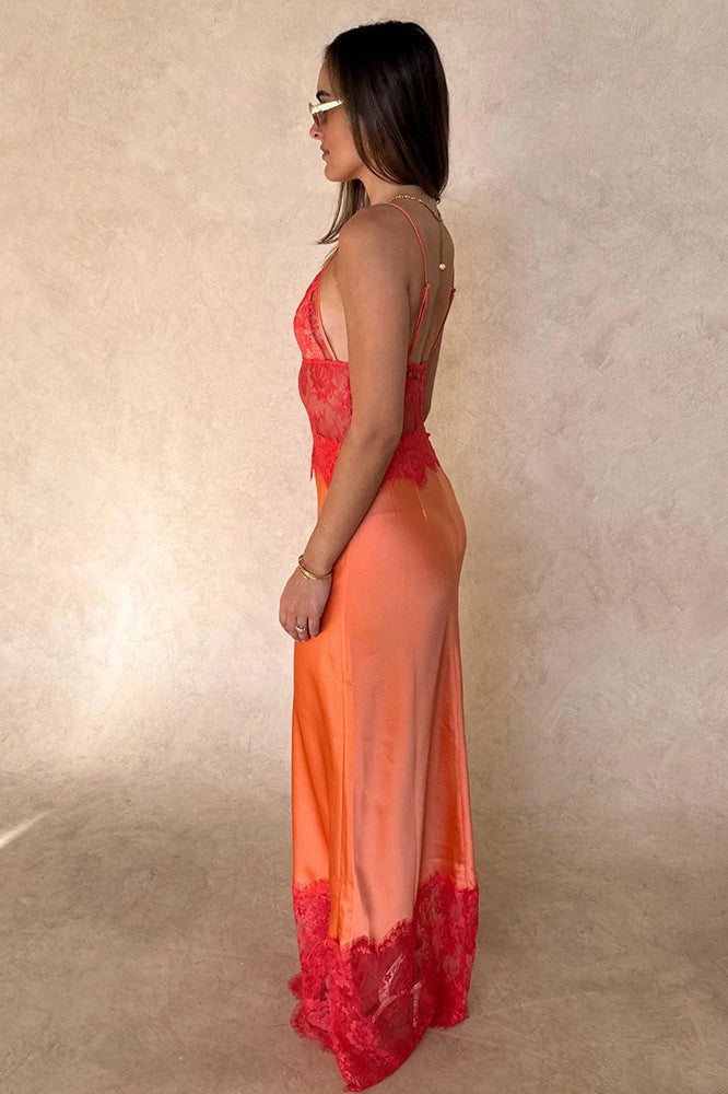 V-Neck Spaghetti Strap Lace Trim Satin Slip Maxi Dress 6