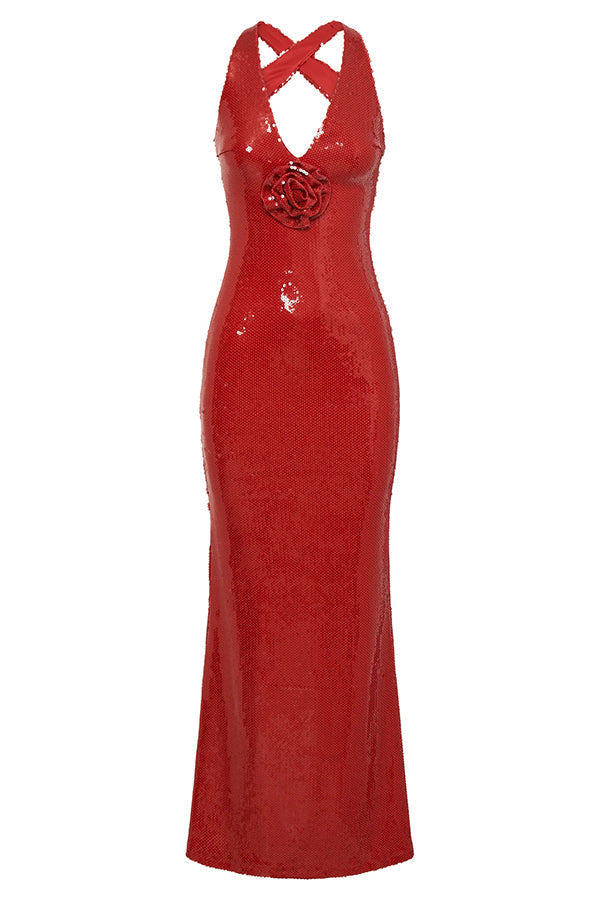 Sequin Halter Neck Floral Applique Backless Mermaid Maxi Dress - View 17
