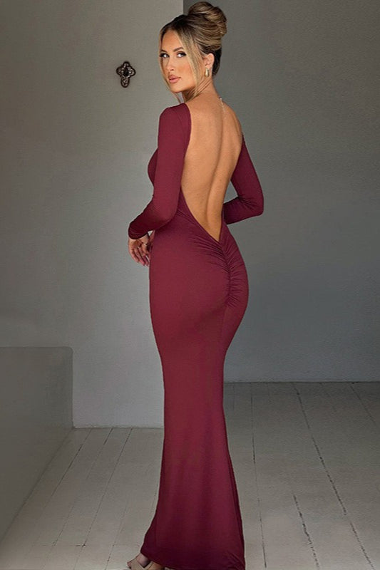 Long Sleeve Open Back Ruched Bodycon Mermaid Maxi Dress - View 5