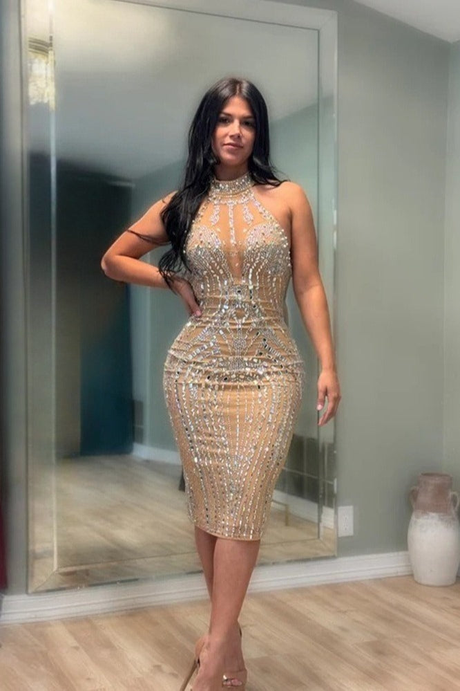 Backless Sleeveless Rhinestone Mesh Milk Silk Cocktail Dress - View 3