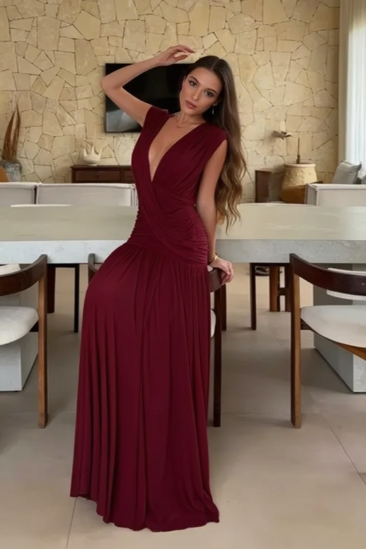Satin Surplice Deep V-Neck Wide Strap Ruched Tiered Maxi Gown - View 4