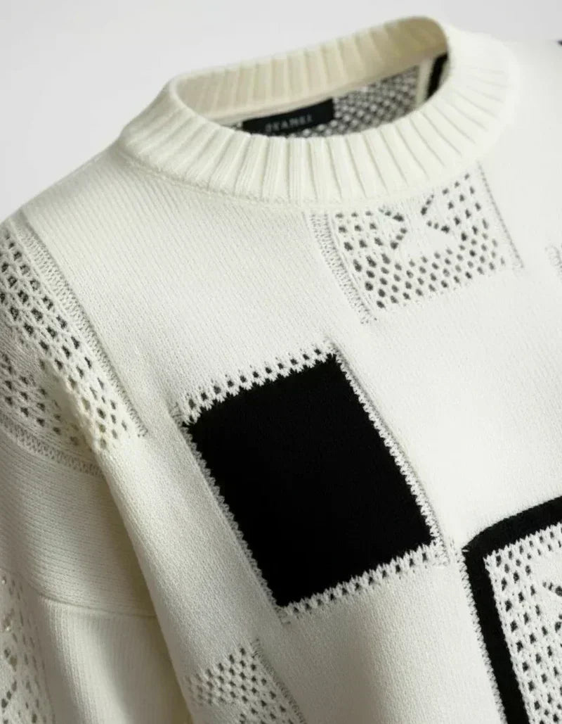 Crew Neck Long Sleeve Patchwork Pointelle Knit Sweater 5