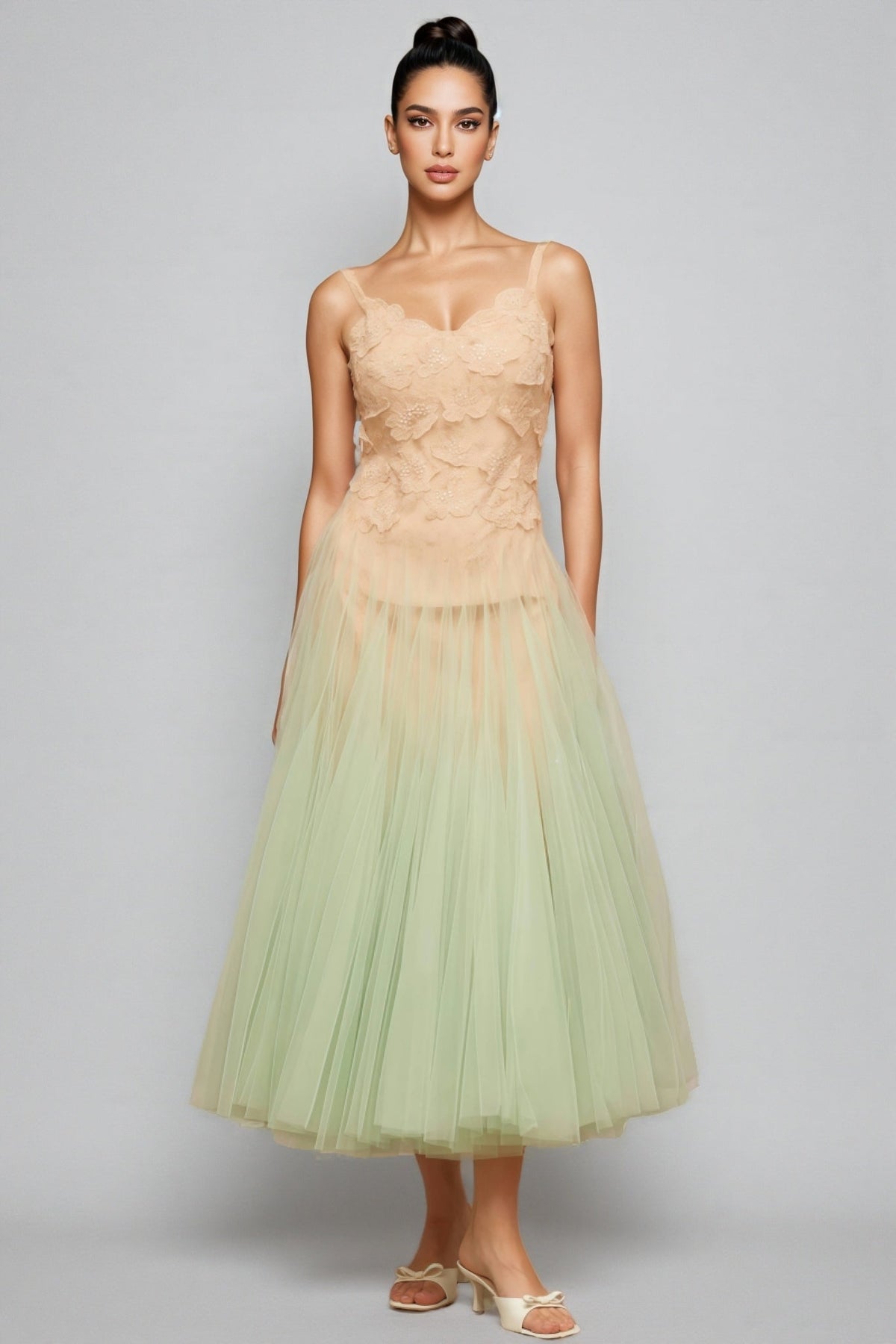 Ylane Halter Mesh Puff Maxi Dress