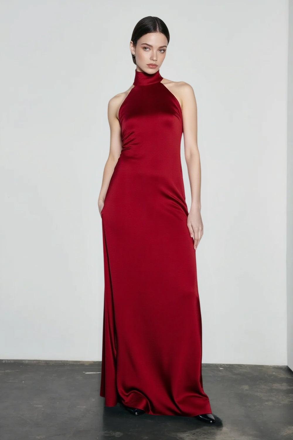 Satin Halter Neck Backless Bias Cut Slip Maxi Dress