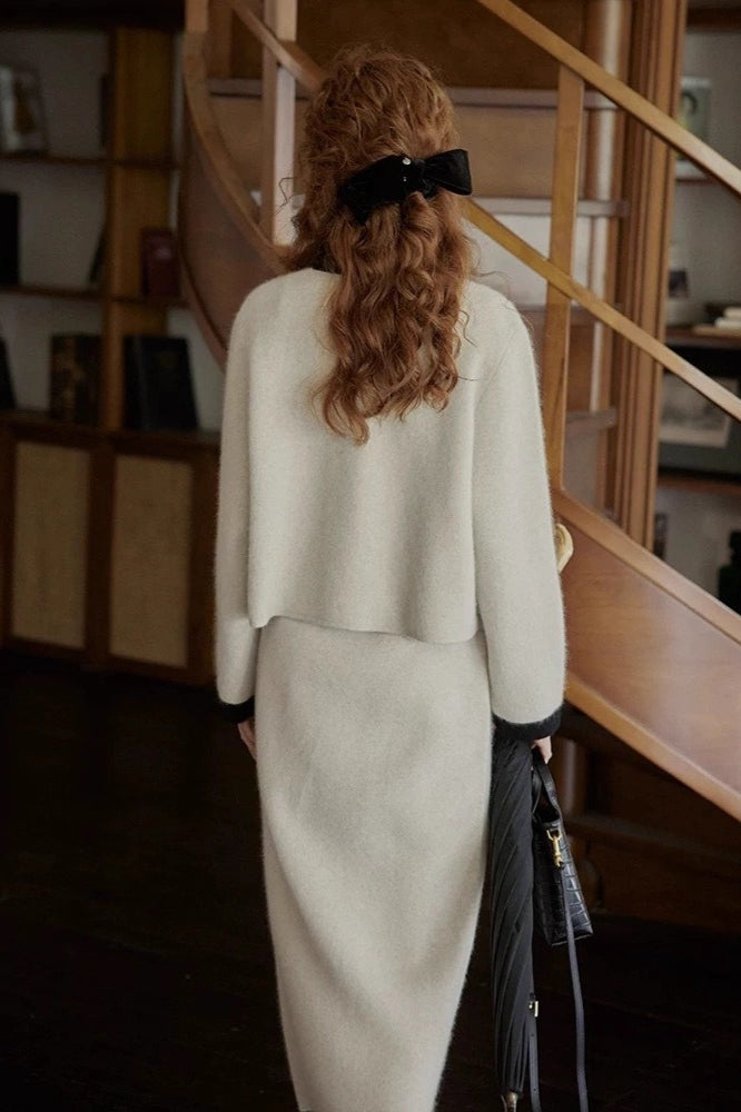Pastel Color Block Bow Sweater Tweed Suit Set