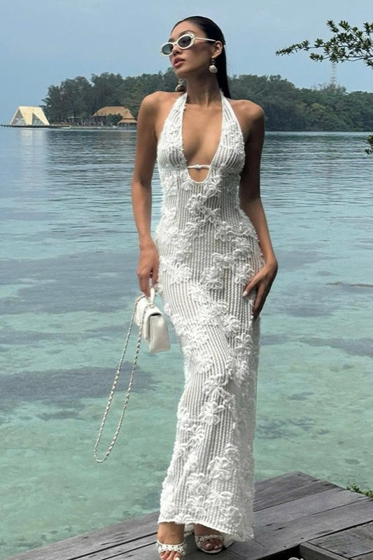 Sequin Halter Neck Deep V-Neck Keyhole Backless Maxi Dress - View 2