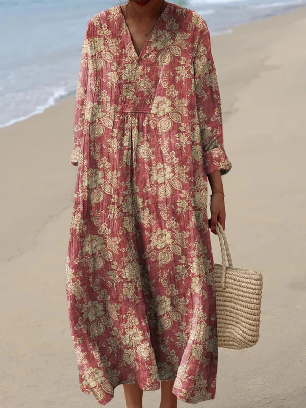 Damask Floral V-Neck Long Sleeve Linen Look Maxi Dress