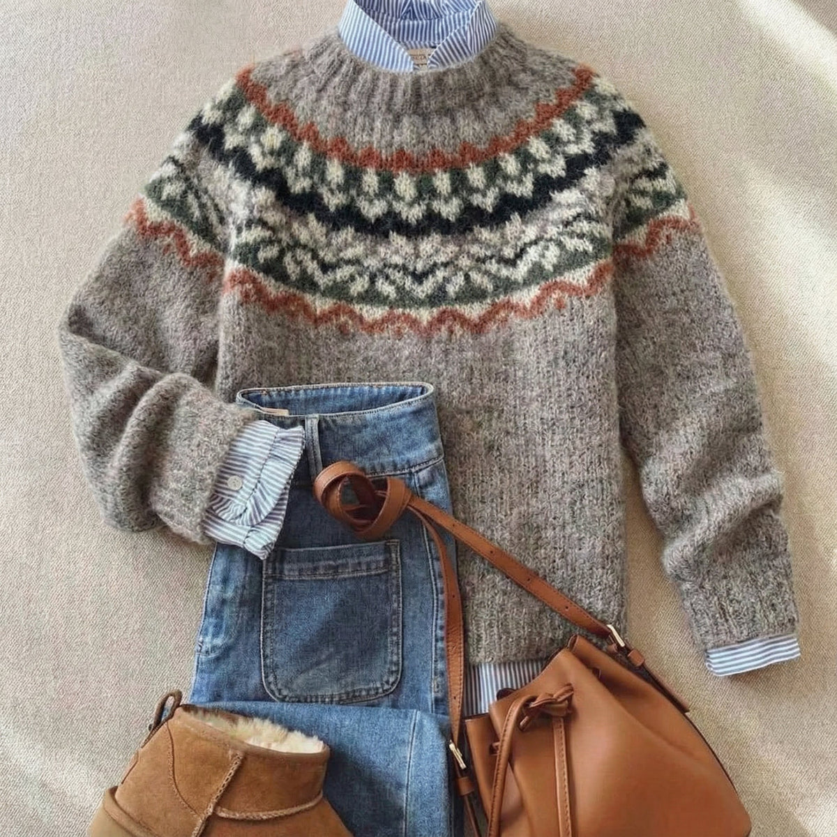 Fair Isle Yoke Crew Neck Long Sleeve Knit Sweater 3