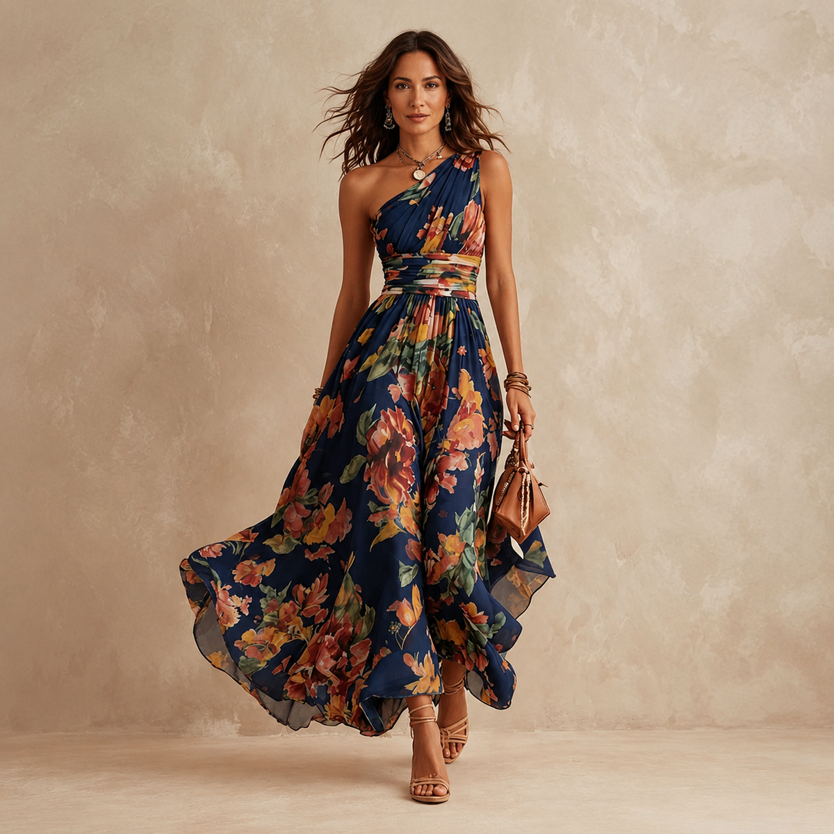 One Shoulder Floral Ruched Waist Maxi Dress
