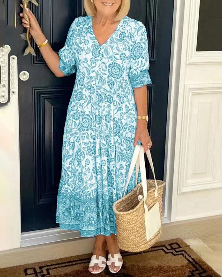 Floral V-Neck Puff Sleeve Tiered Maxi Dress 5