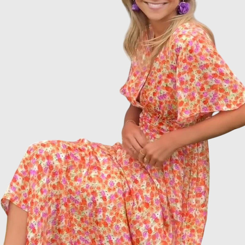 Floral V-Neck Flutter Sleeve Ruched Waist Maxi Dress 5
