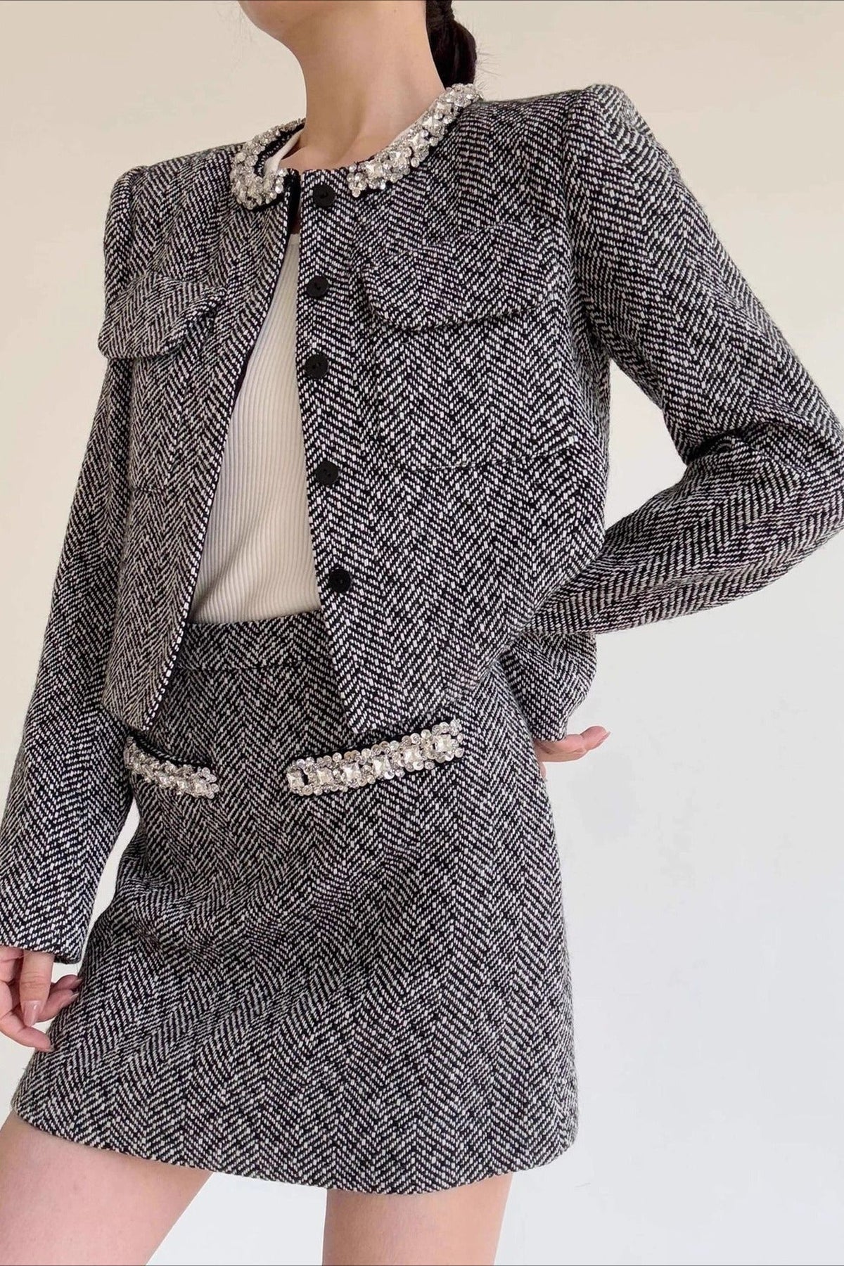 Gray Herringbone Boucle Skirt Tweed Suit Set