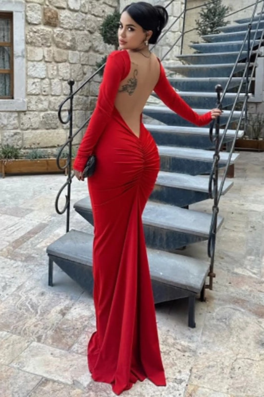 Long Sleeve Open Back Ruched Bodycon Mermaid Maxi Dress