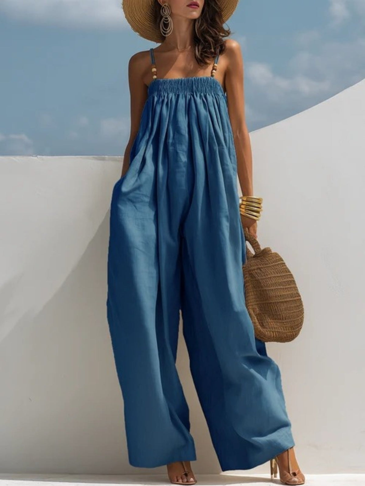 Spaghetti Strap Wide Leg Denim Look Overall Jumpsuit 2