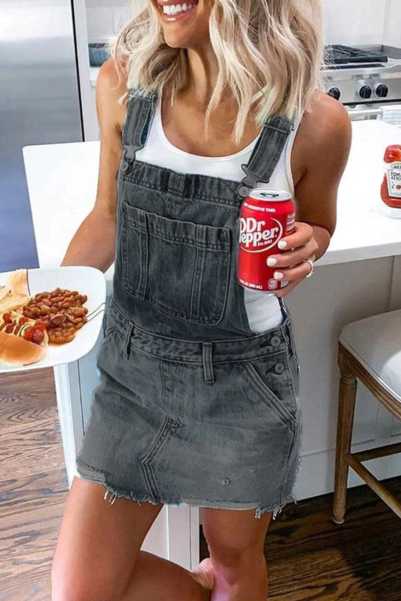 Denim Adjustable Strap Buckle Bib Pocket Raw Frayed Hem Dress - View 3