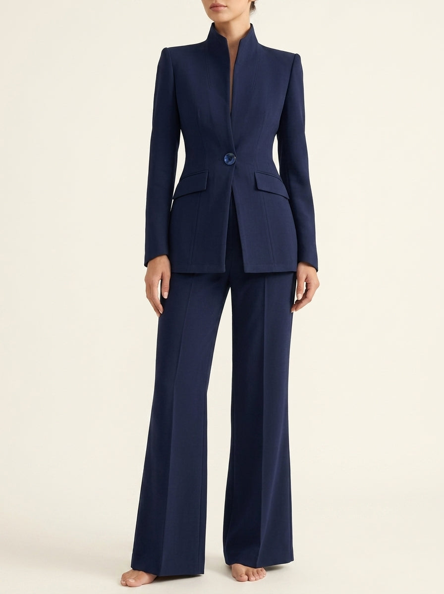 Stand Collar Single Button Blazer and Wide Leg Pants Two Piece Set
