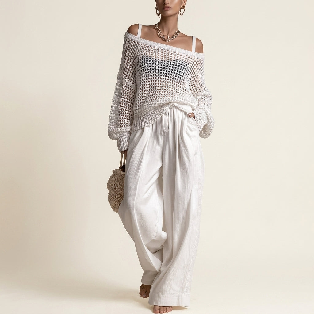 Cold Shoulder Long Sleeve Open Knit Sweater