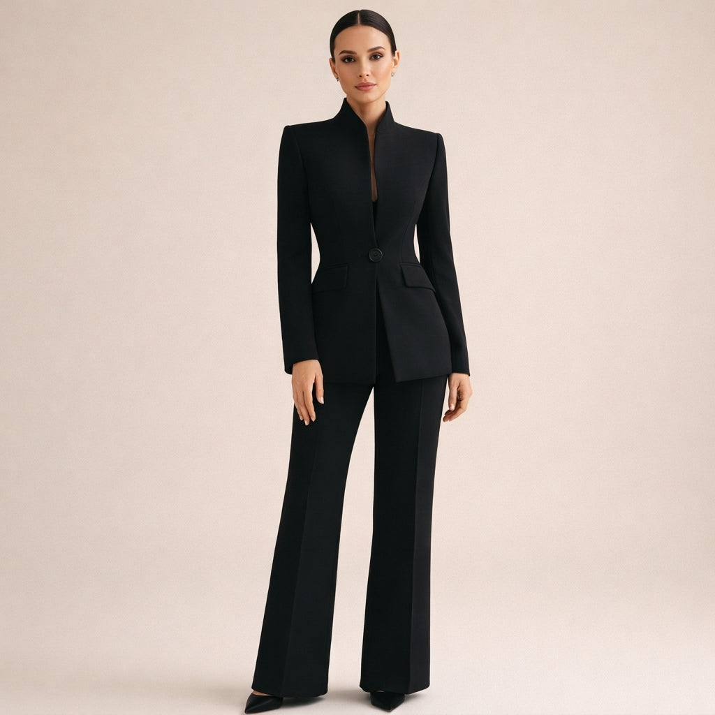 Stand Collar Single Button Blazer and Flare Pants Two Piece Set