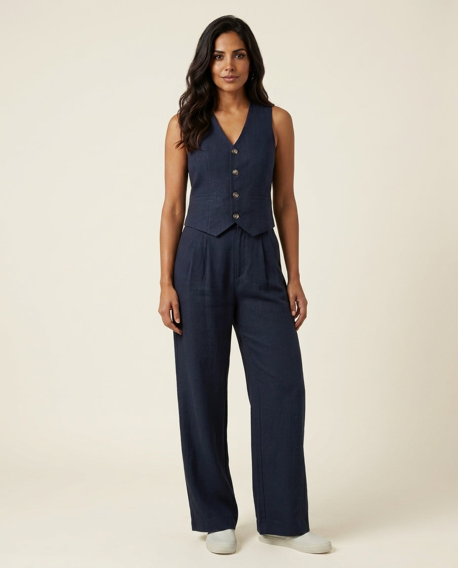 Sleeveless Button Vest and Wide Leg Pants Two Piece Set