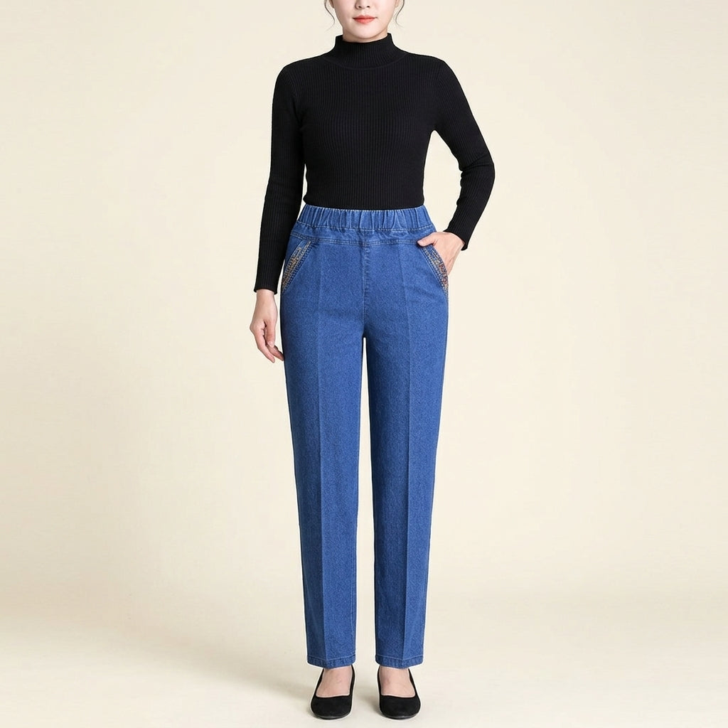 High Waist Elastic Waist Straight Leg Jeans