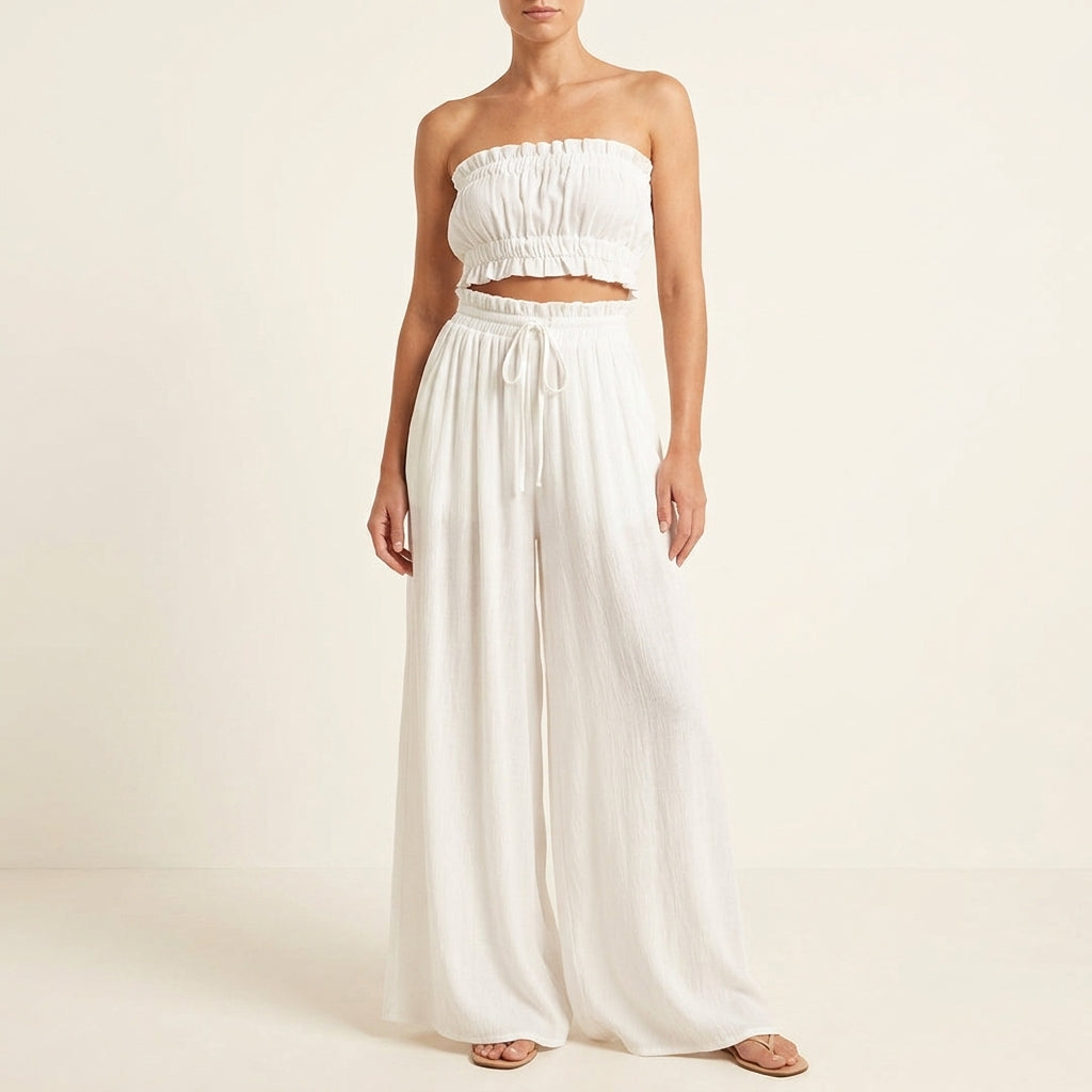 Strapless Smocked Top and Wide Leg Drawstring Pants Two Piece Set