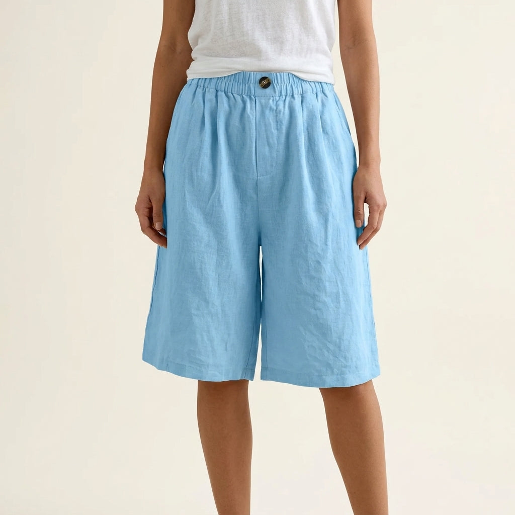 High Waist Elastic Linen Look Bermuda Shorts
