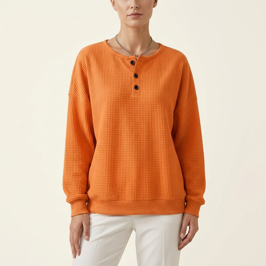 Crew Neck Waffle Knit Button Henley Sweatshirt