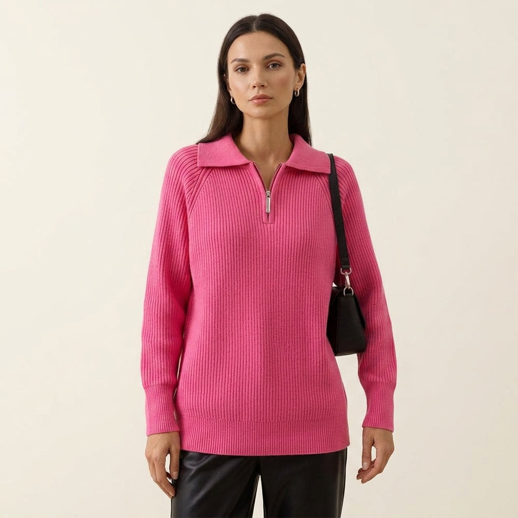 Collared Quarter Zip Ribbed Knit Sweater