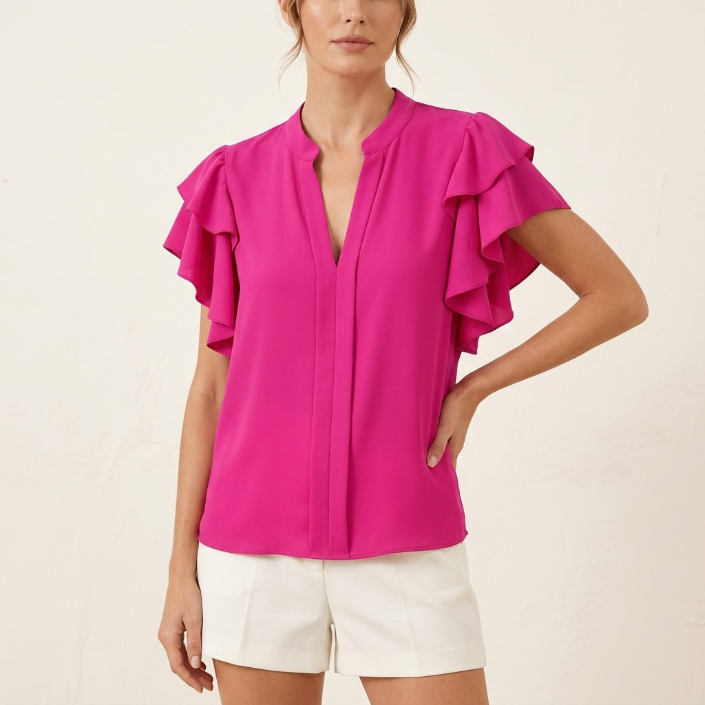 V-Neck Ruffle Flutter Sleeve Blouse
