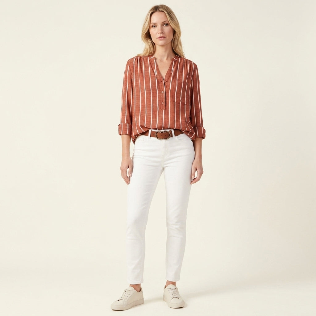 Striped Split Neck Long Sleeve Blouse