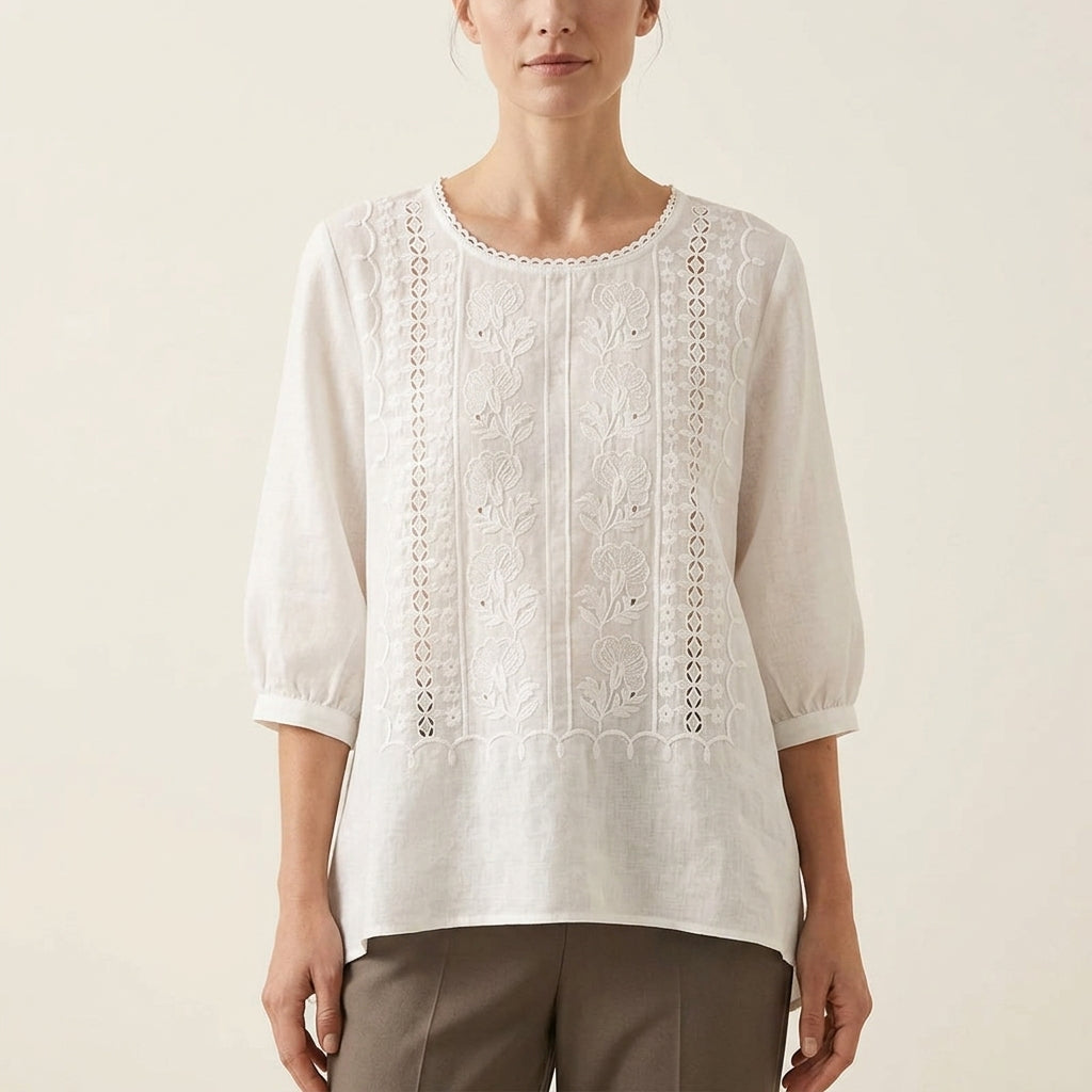 Round Neck Three Quarter Sleeve Embroidered Eyelet Blouse