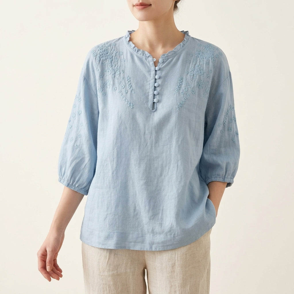 Embroidered Button Placket Puff Sleeve Blouse
