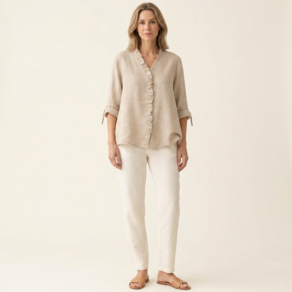 V-Neck Ruffle Placket Roll Sleeve Linen Shirt