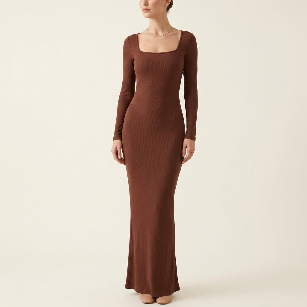 Ribbed Knit Square Neck Long Sleeve Bodycon Maxi Dress