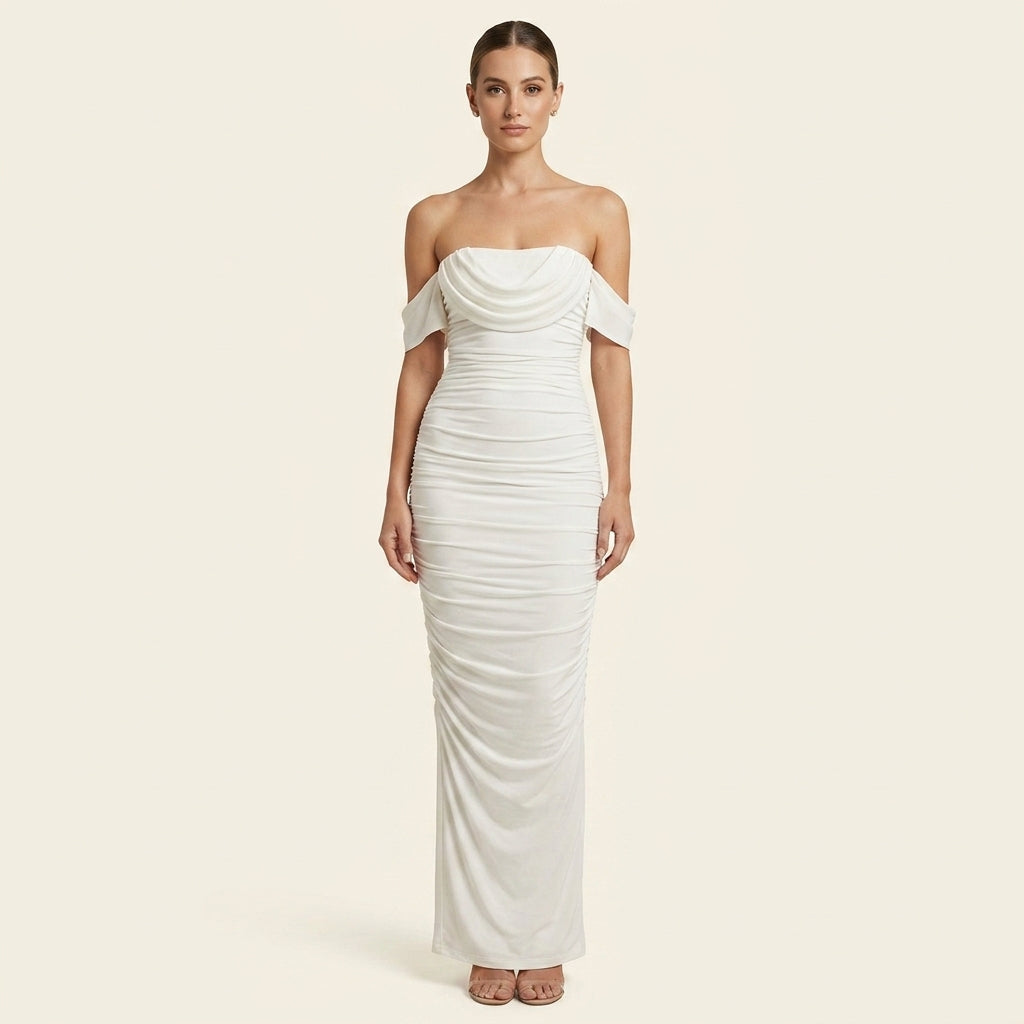 Off Shoulder Cowl Neck Ruched Bodycon Maxi Dress
