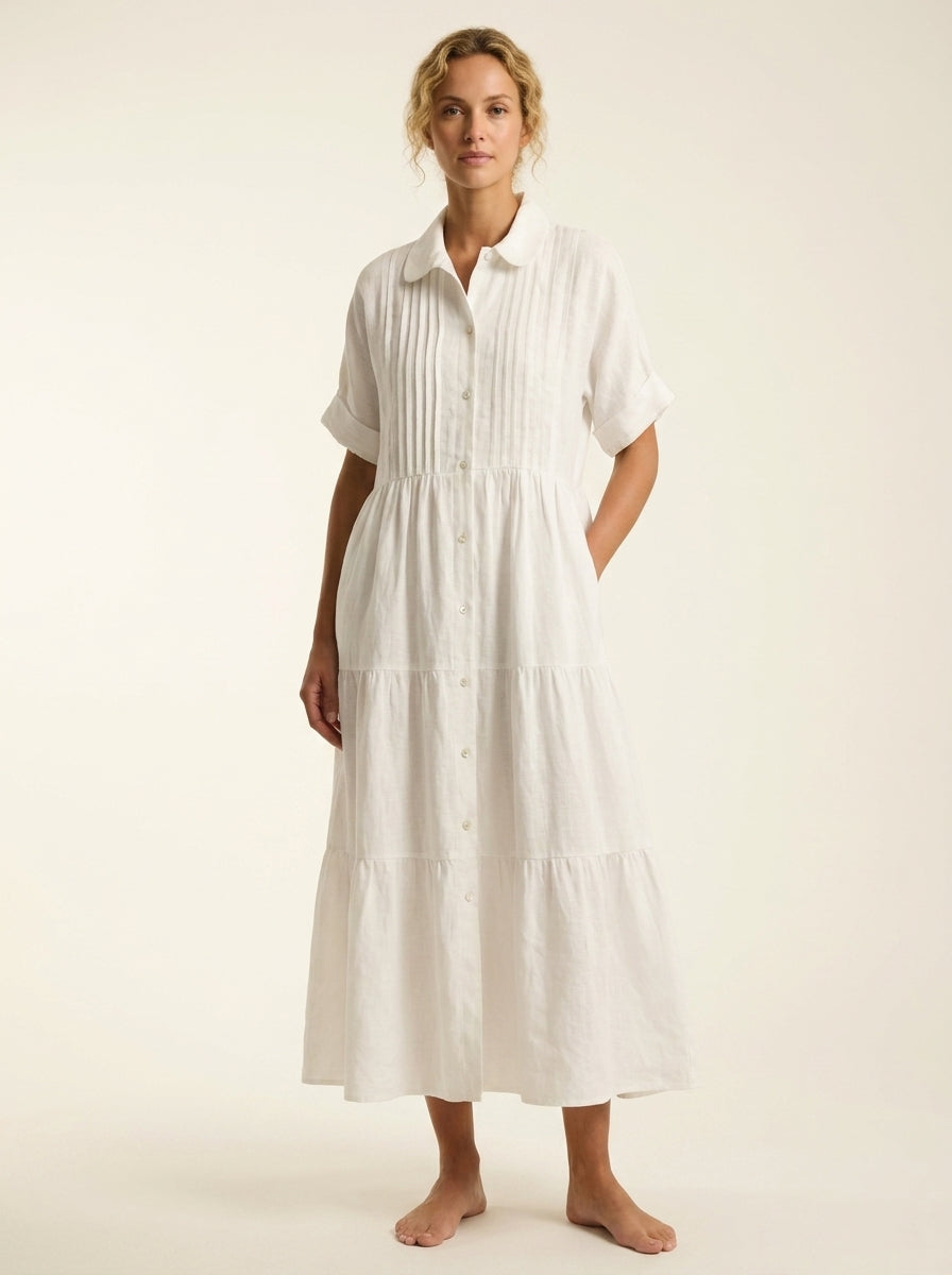Collared Button Front Pintuck Tiered Maxi Shirt Dress
