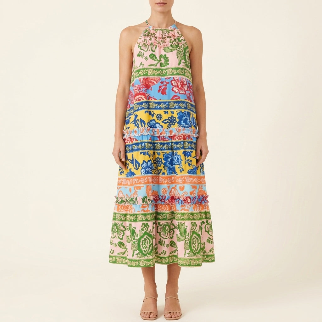 Floral Print Halter Neck Tiered Maxi Dress