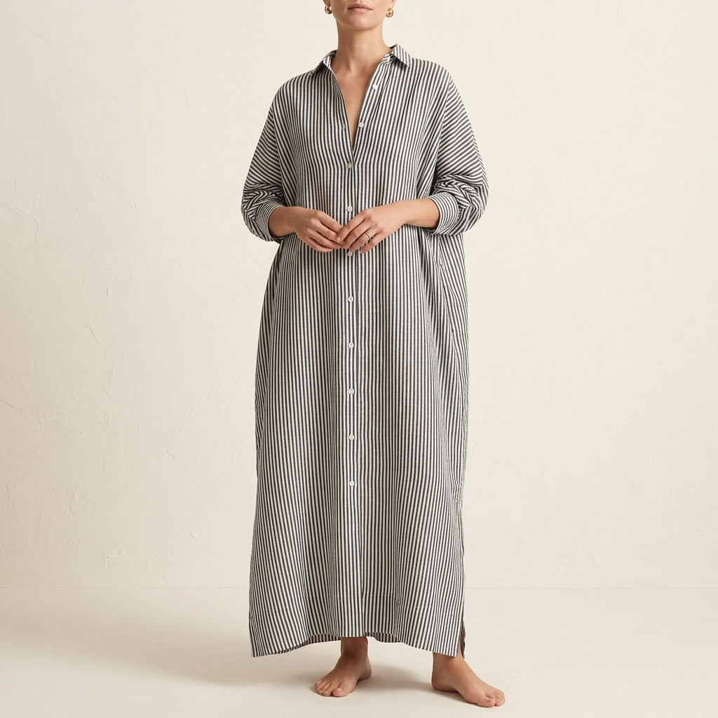 Striped Long Sleeve Button Front Oversized Shirt Maxi Dress