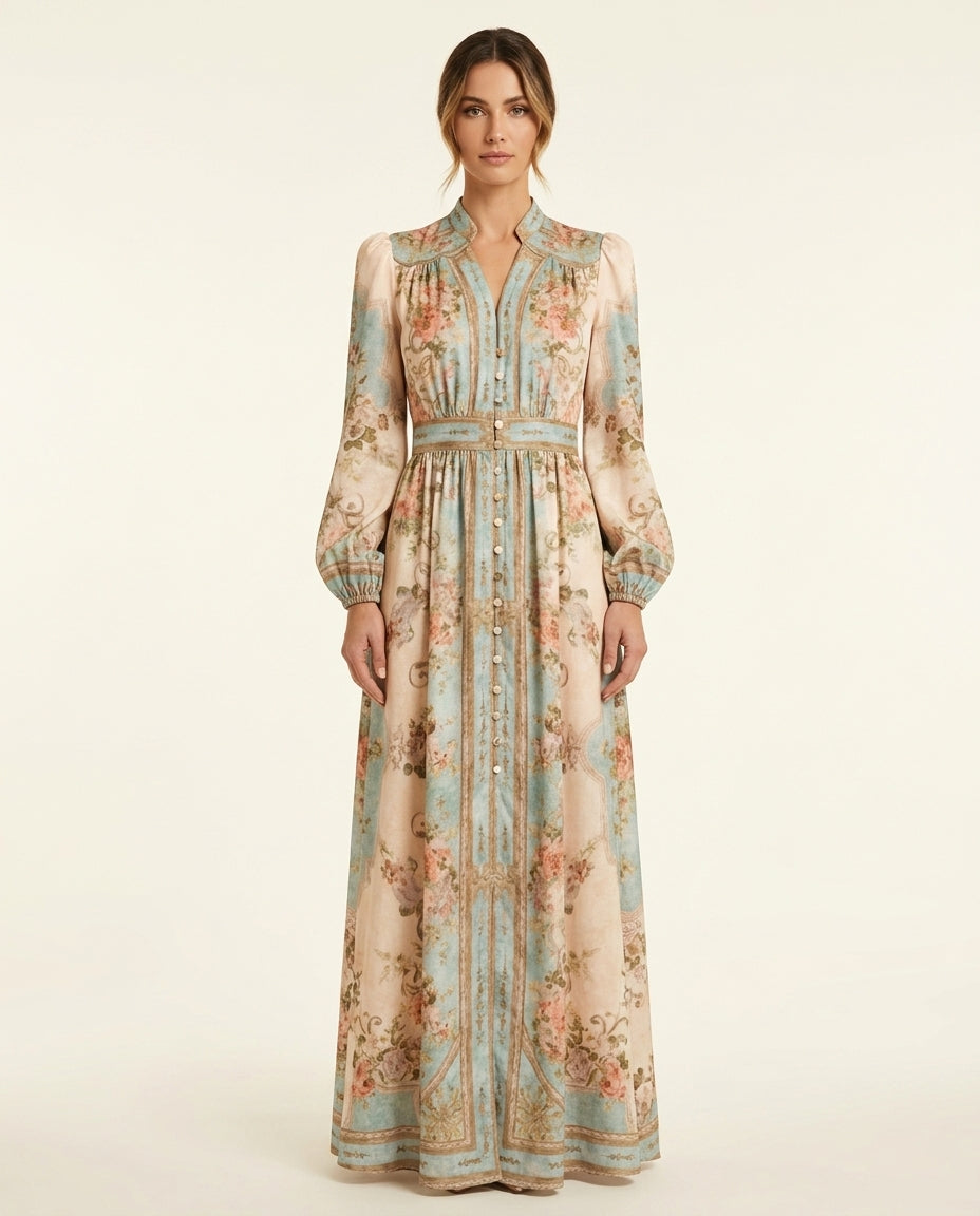 Floral Band Collar Long Sleeve Button Front Belted Maxi Dress
