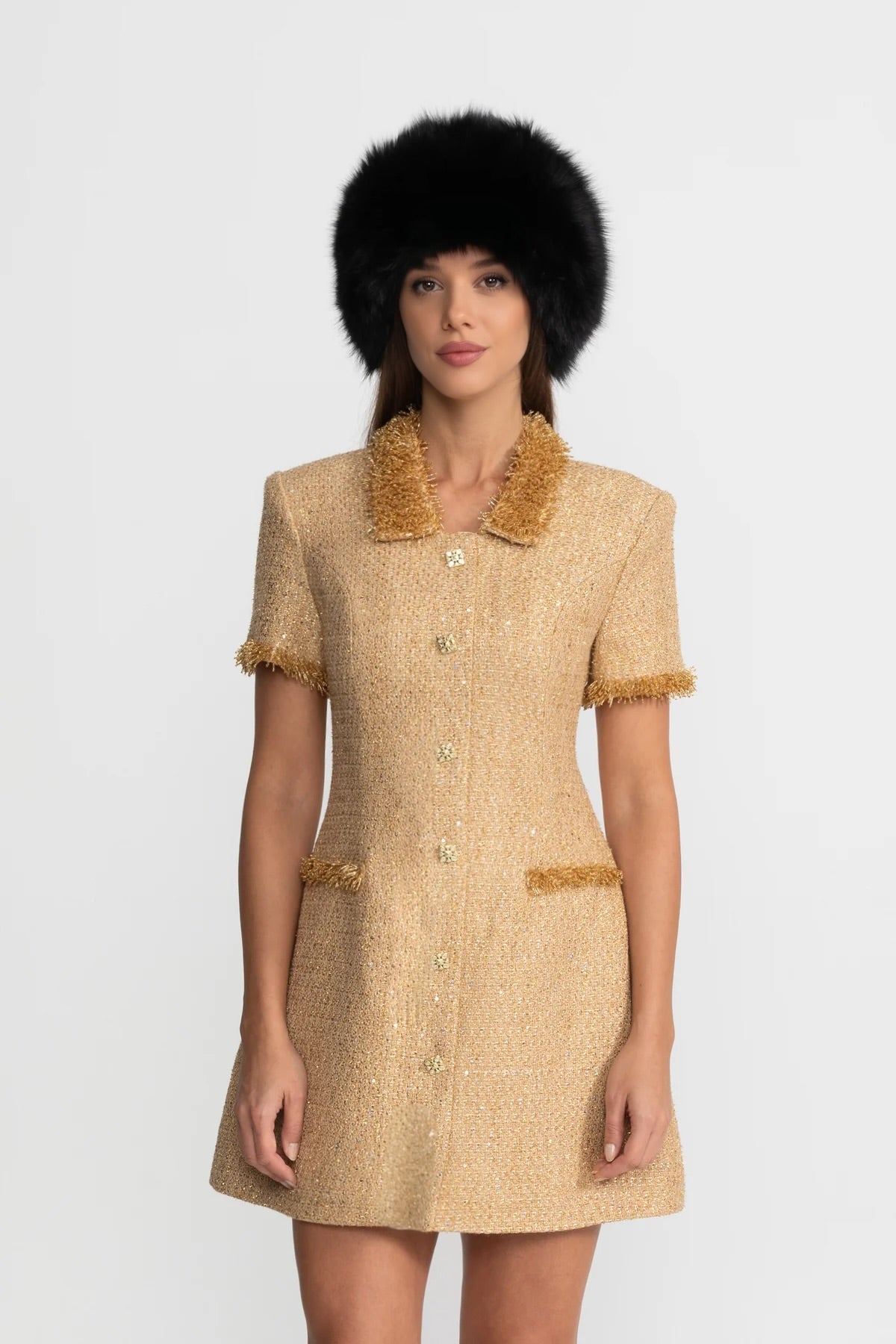 Tweed Short Sleeve Point Collar Metallic Fringe Trim Button Mini Dress