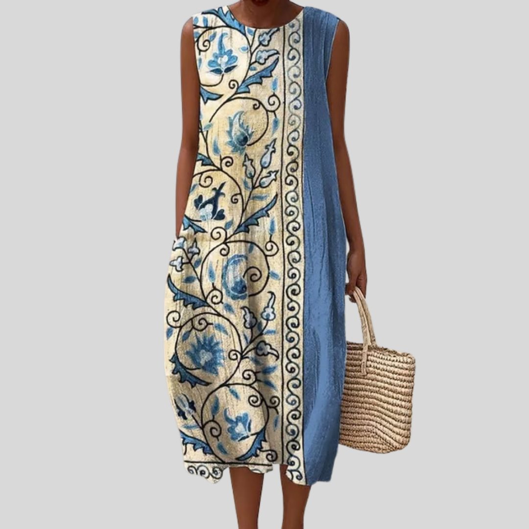 Floral Print Round Neck Sleeveless Summer Midi Dress