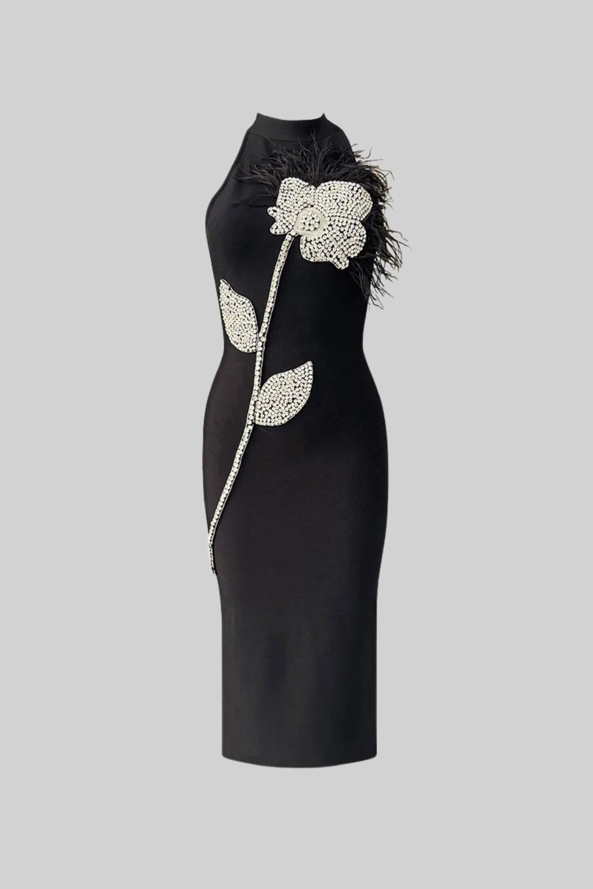 Floral Embellished Midi Dress With Feather Detailing – Black - View 2