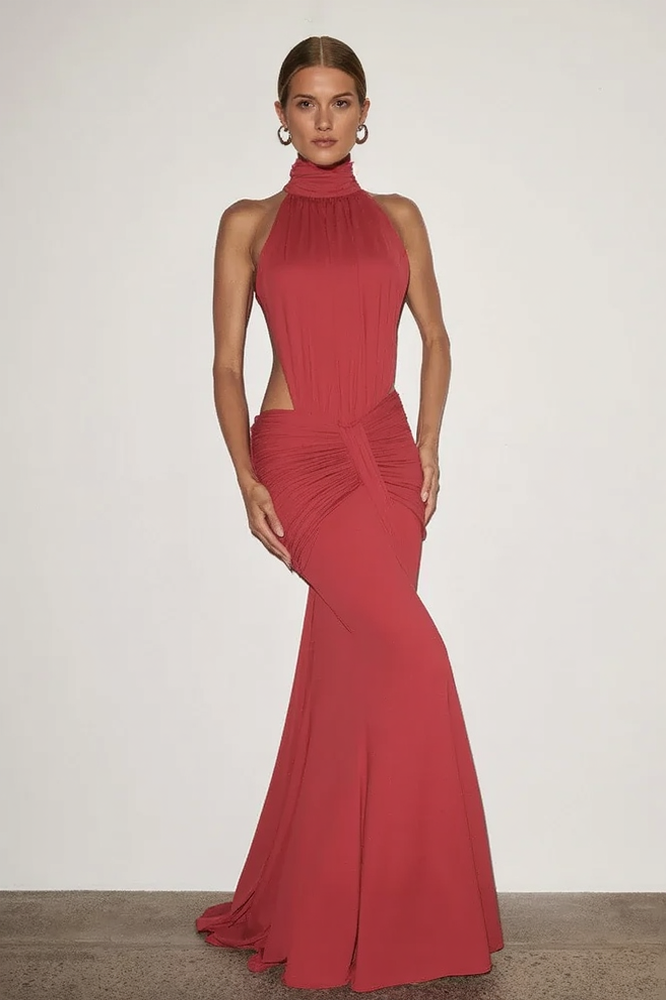 Halter Neck Backless Cut Out Ruched Mermaid Gown - View 7