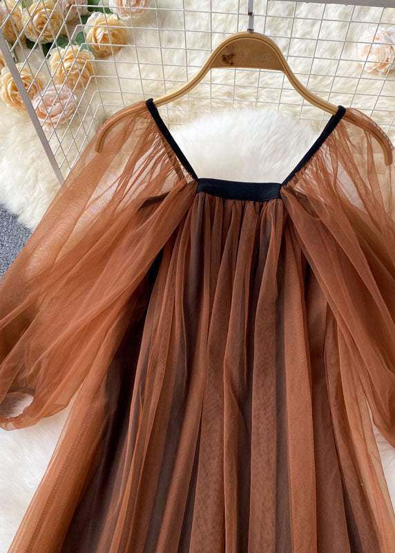 Mesh Square Neck Puff Sleeve Pleated Tulle Overlay Maxi Dress - View 2
