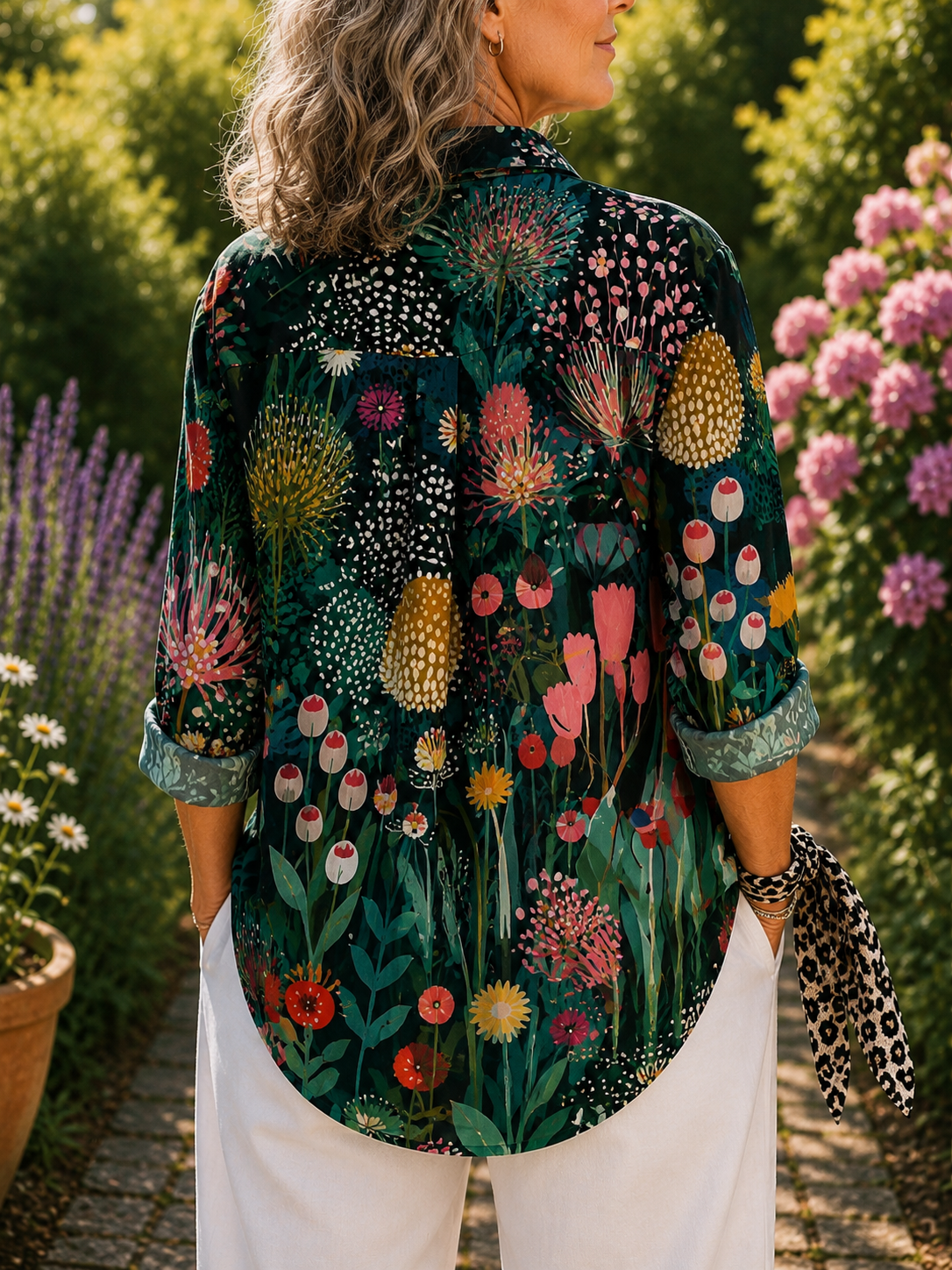 Collared Long Sleeve Botanical Floral Print Button Front Shirt 2